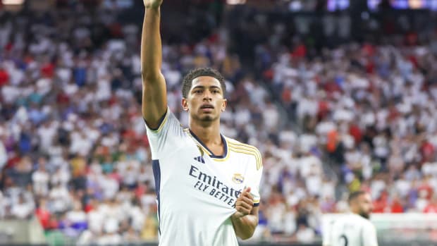 Jude Bellingham pictured celebrating after scoring his first goal for Real Madrid during a pre-season win over Manchester United in July 2023